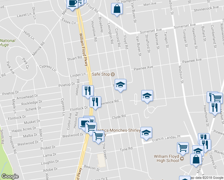 map of restaurants, bars, coffee shops, grocery stores, and more near 112 Broadway in Shirley