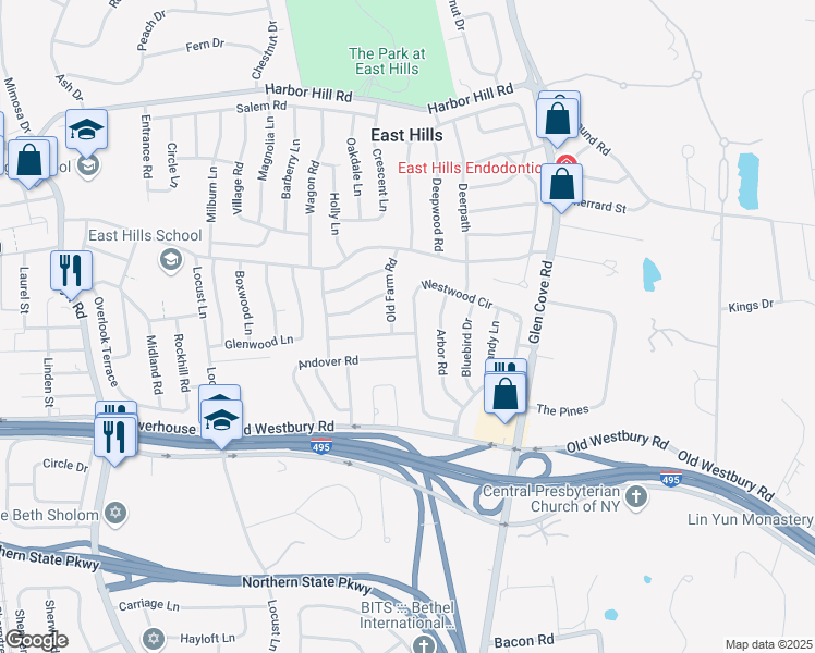 map of restaurants, bars, coffee shops, grocery stores, and more near 134 Westwood Circle in Roslyn Heights