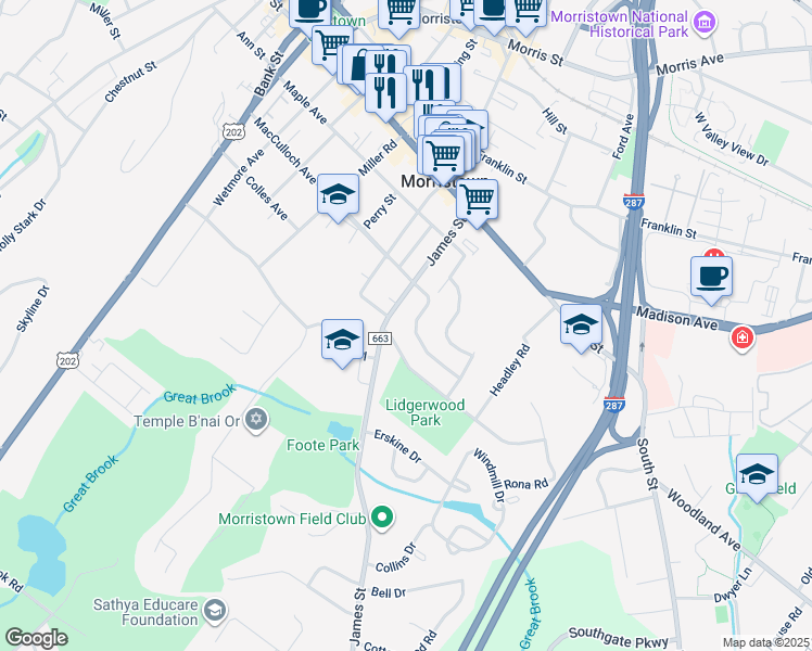map of restaurants, bars, coffee shops, grocery stores, and more near 27 Dogwood Road in Morristown