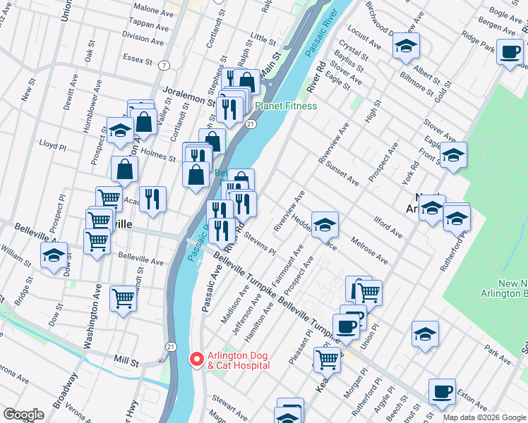 map of restaurants, bars, coffee shops, grocery stores, and more near 16 Fisher Place in North Arlington