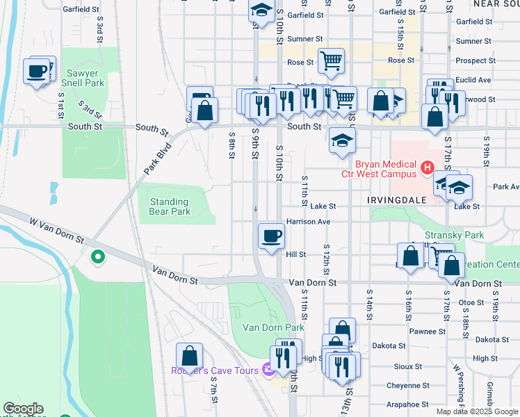map of restaurants, bars, coffee shops, grocery stores, and more near 2510 South 9th Street in Lincoln