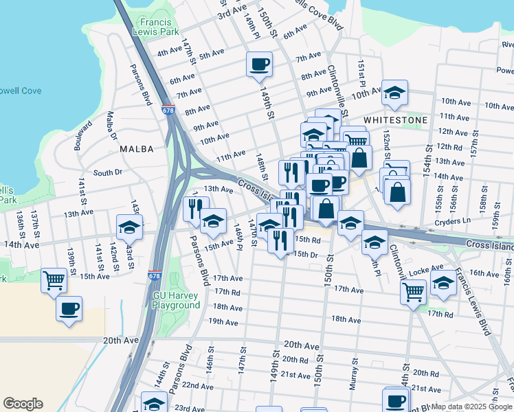 map of restaurants, bars, coffee shops, grocery stores, and more near 14721 14th Avenue in Queens