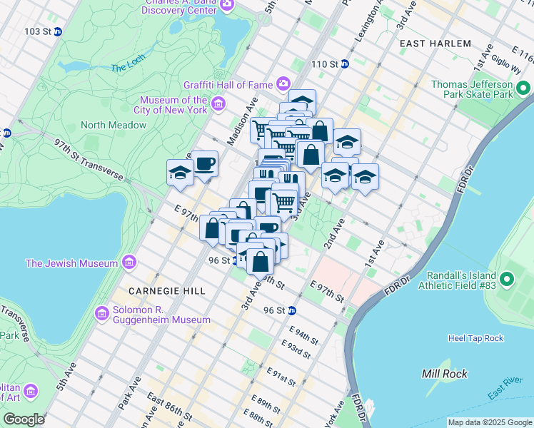 map of restaurants, bars, coffee shops, grocery stores, and more near 160 East 100th Street in New York