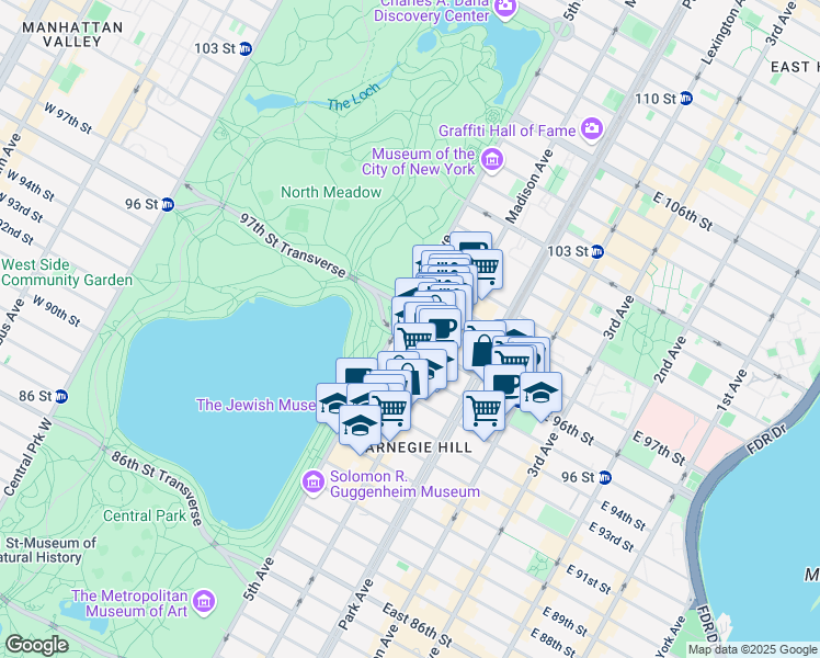 map of restaurants, bars, coffee shops, grocery stores, and more near 12 East 97th Street in New York