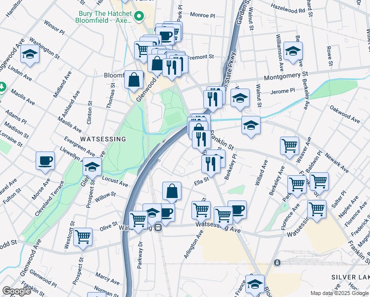 map of restaurants, bars, coffee shops, grocery stores, and more near 150 Orange Street in Bloomfield