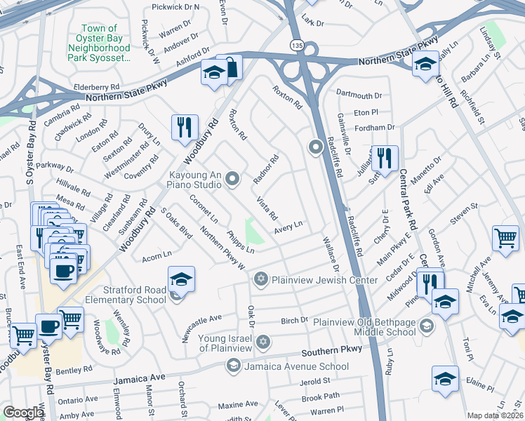 map of restaurants, bars, coffee shops, grocery stores, and more near 13 Vista Road in Plainview