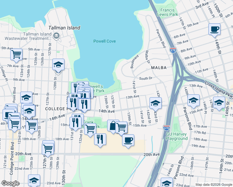 map of restaurants, bars, coffee shops, grocery stores, and more near 11-06 138th Street in Queens