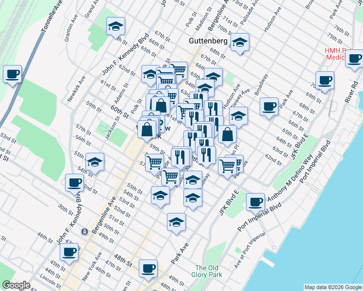 map of restaurants, bars, coffee shops, grocery stores, and more near 6015 Monroe Place in West New York