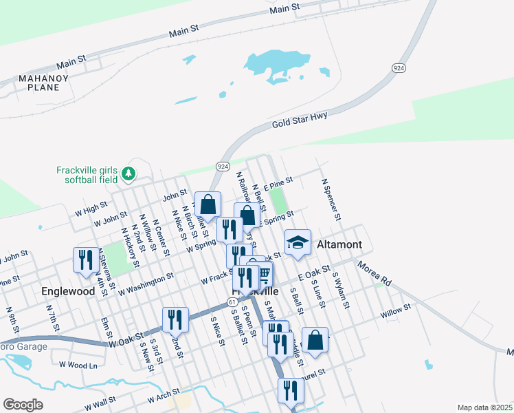 map of restaurants, bars, coffee shops, grocery stores, and more near 135 N Railroad Ave in Frackville