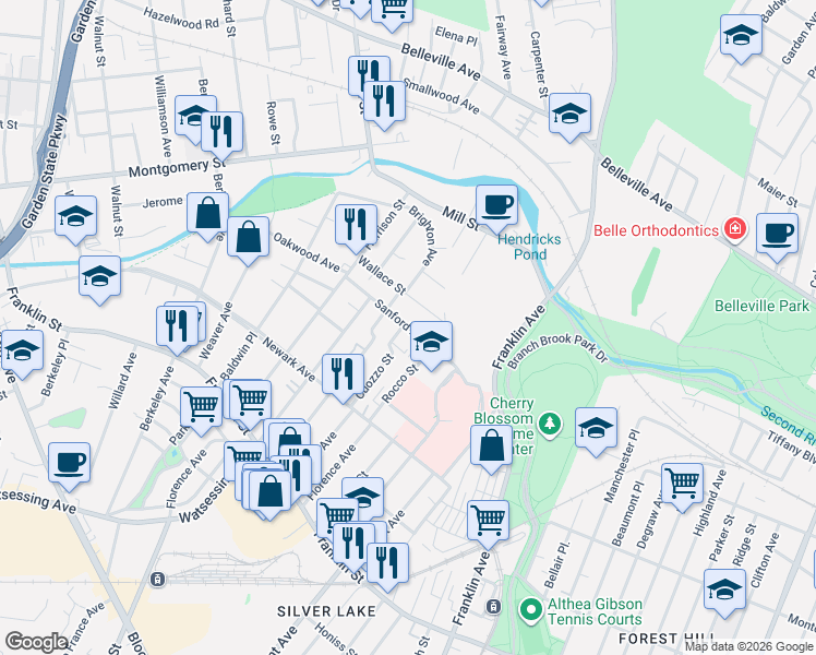 map of restaurants, bars, coffee shops, grocery stores, and more near 44 Sanford Avenue in Belleville