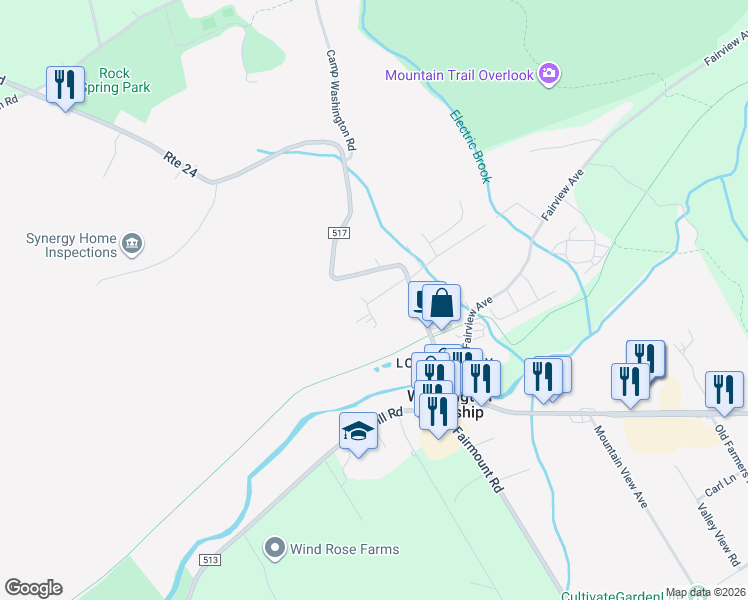 map of restaurants, bars, coffee shops, grocery stores, and more near 7 West Maple Avenue in Long Valley