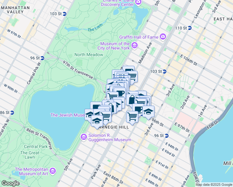map of restaurants, bars, coffee shops, grocery stores, and more near 12 East 97th Street in New York