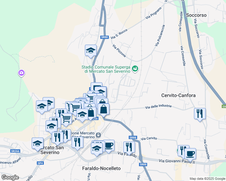 map of restaurants, bars, coffee shops, grocery stores, and more near 153 Via Regina Pacis in Mercato San Severino