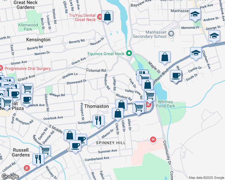 map of restaurants, bars, coffee shops, grocery stores, and more near 25 Windsor Road in Great Neck