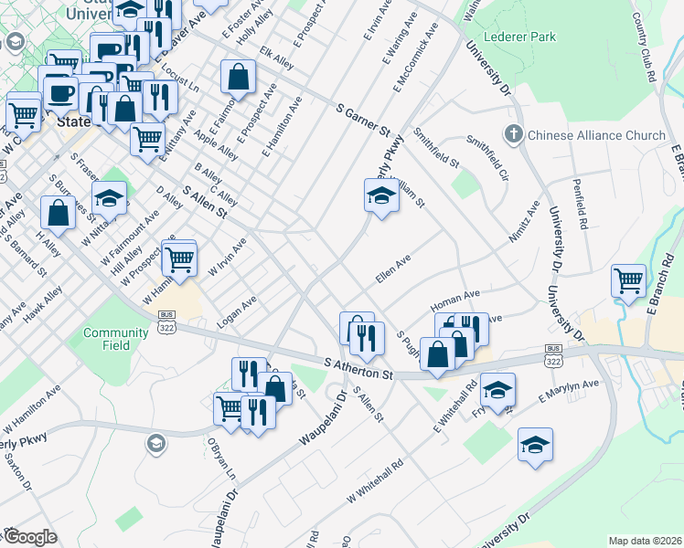 map of restaurants, bars, coffee shops, grocery stores, and more near 1108 South Pugh Street in State College