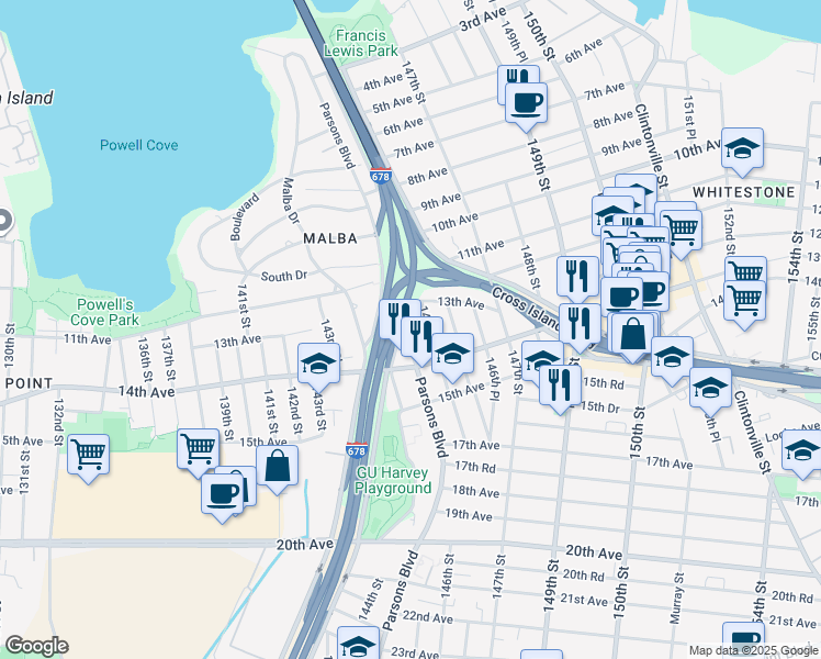 map of restaurants, bars, coffee shops, grocery stores, and more near 13-27 Parsons Boulevard in Queens