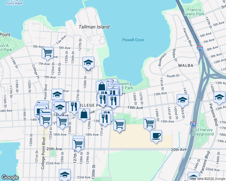 map of restaurants, bars, coffee shops, grocery stores, and more near 132-7 11th Avenue in Queens