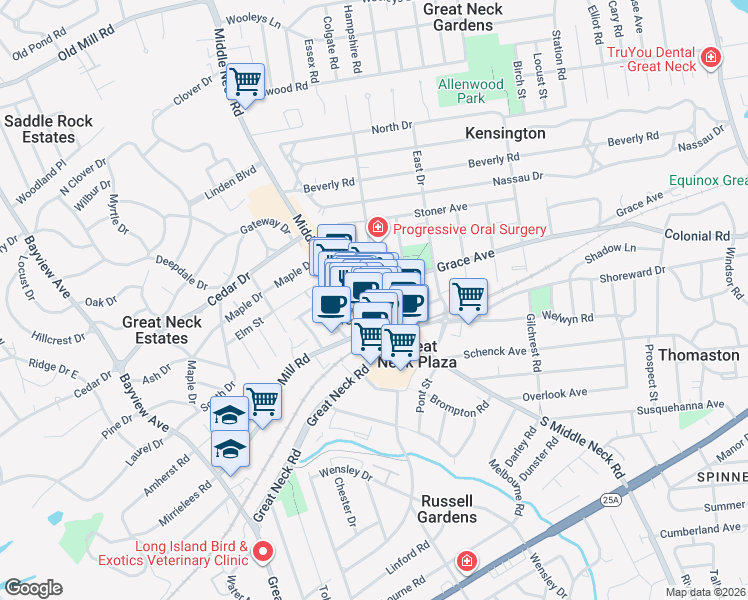 map of restaurants, bars, coffee shops, grocery stores, and more near 8 Bond Street in Great Neck Plaza