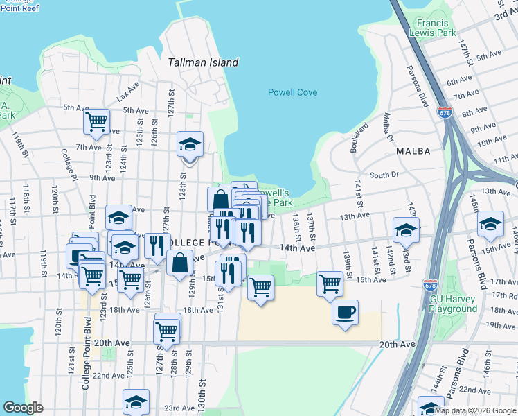 map of restaurants, bars, coffee shops, grocery stores, and more near 132-7 11th Avenue in Queens