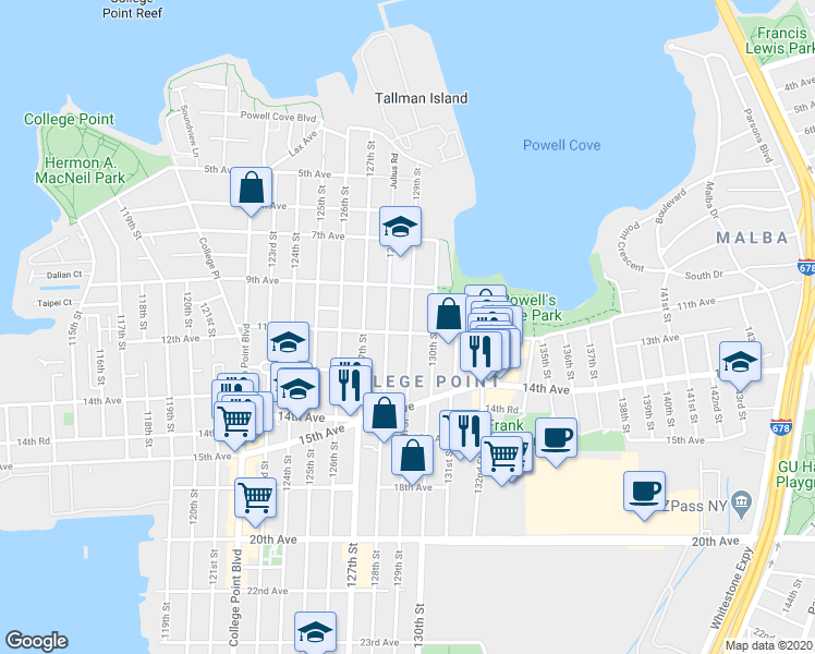 map of restaurants, bars, coffee shops, grocery stores, and more near 129-01 11th Avenue in Queens