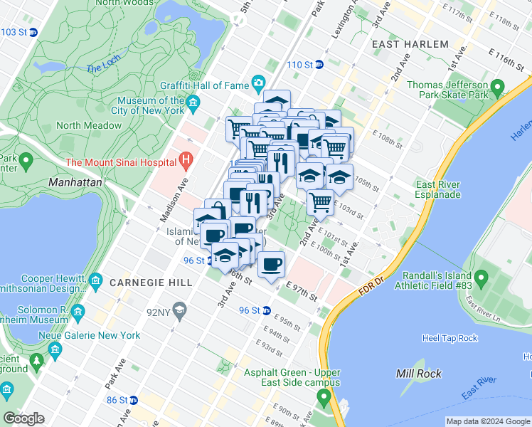 map of restaurants, bars, coffee shops, grocery stores, and more near 1809 3rd Avenue in New York
