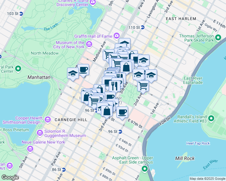 map of restaurants, bars, coffee shops, grocery stores, and more near 160 East 100th Street in New York