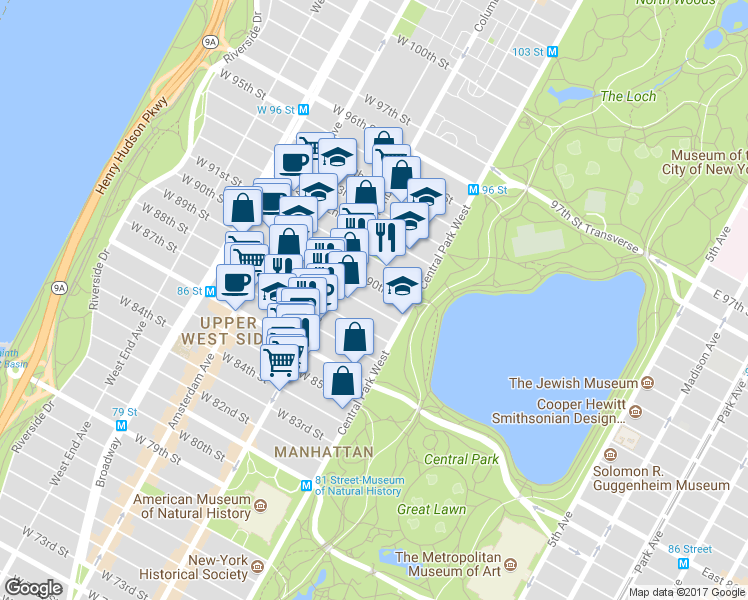 map of restaurants, bars, coffee shops, grocery stores, and more near 47 West 89th Street in New York
