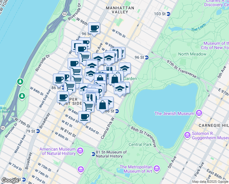 map of restaurants, bars, coffee shops, grocery stores, and more near 47 West 89th Street in New York