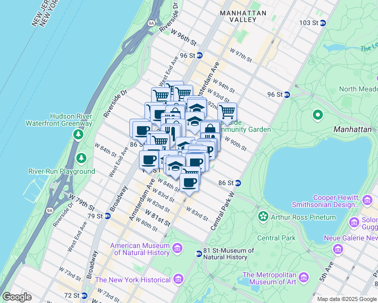 map of restaurants, bars, coffee shops, grocery stores, and more near 136 West 88th Street in New York