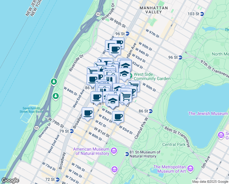 map of restaurants, bars, coffee shops, grocery stores, and more near 560 Amsterdam Avenue in New York