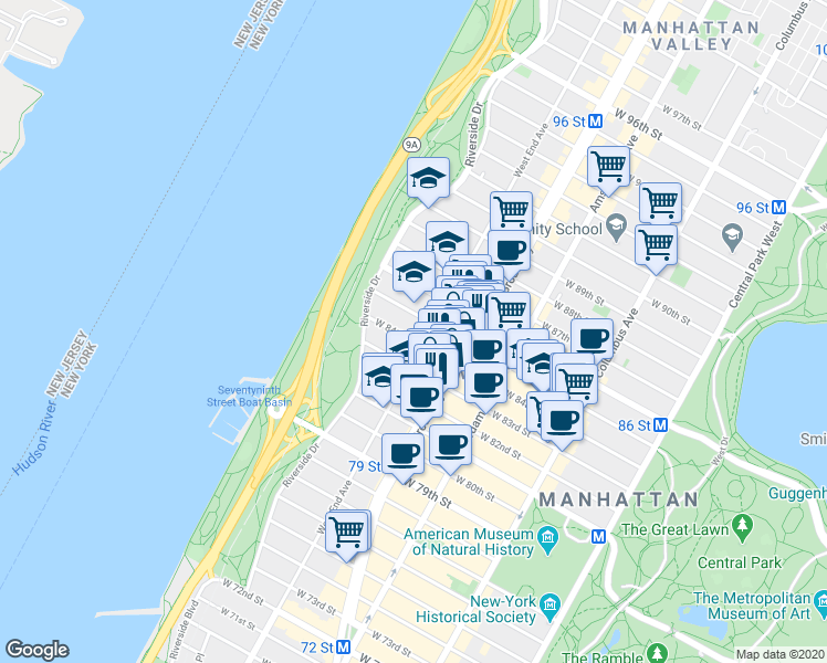 map of restaurants, bars, coffee shops, grocery stores, and more near in New York