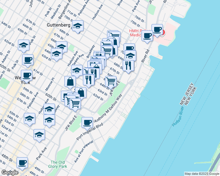 map of restaurants, bars, coffee shops, grocery stores, and more near 6401 Boulevard East in West New York