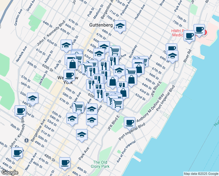 map of restaurants, bars, coffee shops, grocery stores, and more near 220 61st Street in West New York