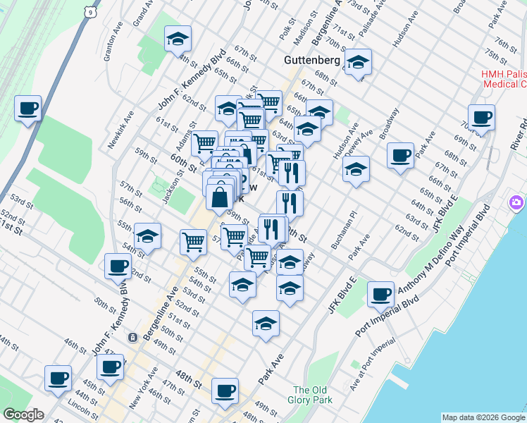 map of restaurants, bars, coffee shops, grocery stores, and more near in West New York
