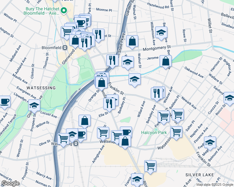 map of restaurants, bars, coffee shops, grocery stores, and more near 258 Franklin Street in Bloomfield