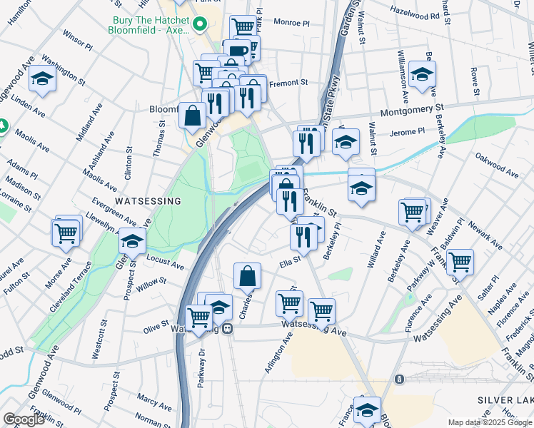 map of restaurants, bars, coffee shops, grocery stores, and more near 150 Orange Street in Bloomfield