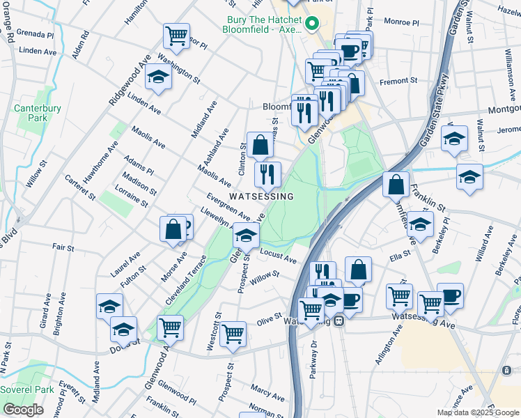 map of restaurants, bars, coffee shops, grocery stores, and more near 10 Maolis Avenue in Bloomfield