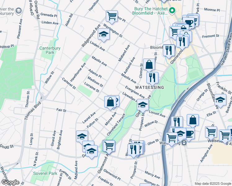 map of restaurants, bars, coffee shops, grocery stores, and more near 110 North Fulton Street in Bloomfield