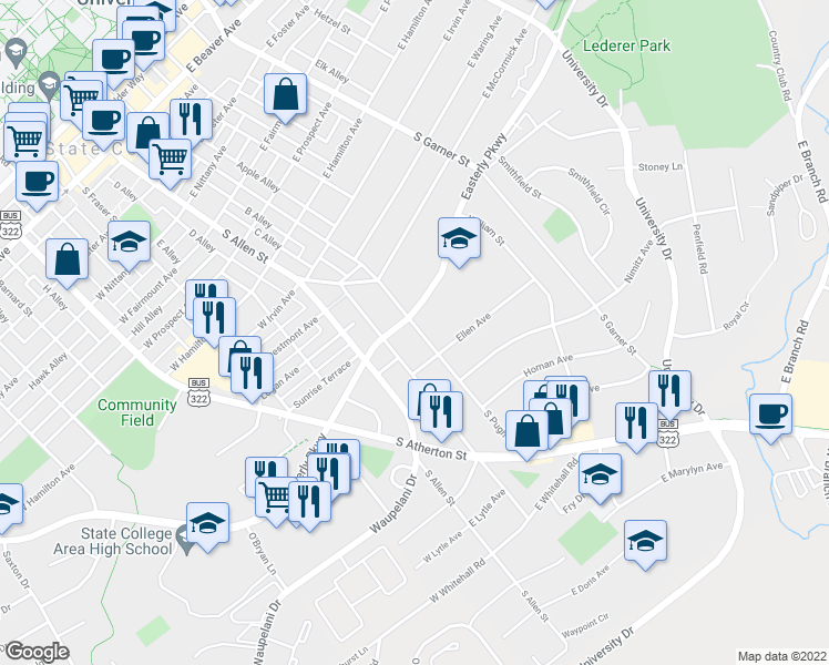 map of restaurants, bars, coffee shops, grocery stores, and more near 1108 South Pugh Street in State College