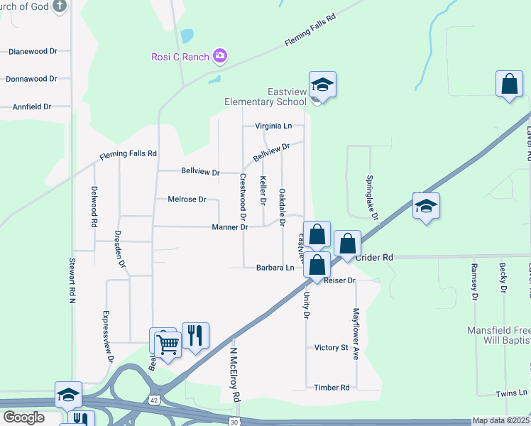 map of restaurants, bars, coffee shops, grocery stores, and more near 1091 Oakdale Drive in Mansfield