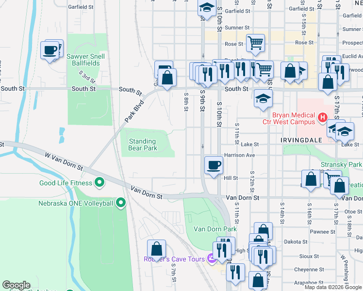 map of restaurants, bars, coffee shops, grocery stores, and more near 2455 South 8th Street in Lincoln