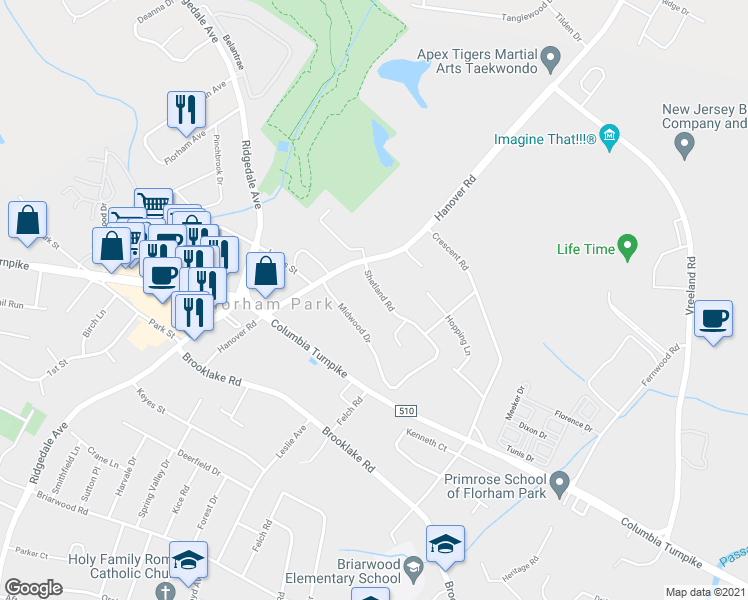 map of restaurants, bars, coffee shops, grocery stores, and more near 4 Shetland Road in Florham Park