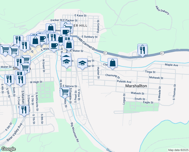 map of restaurants, bars, coffee shops, grocery stores, and more near 1003 E Chestnut St in Shamokin