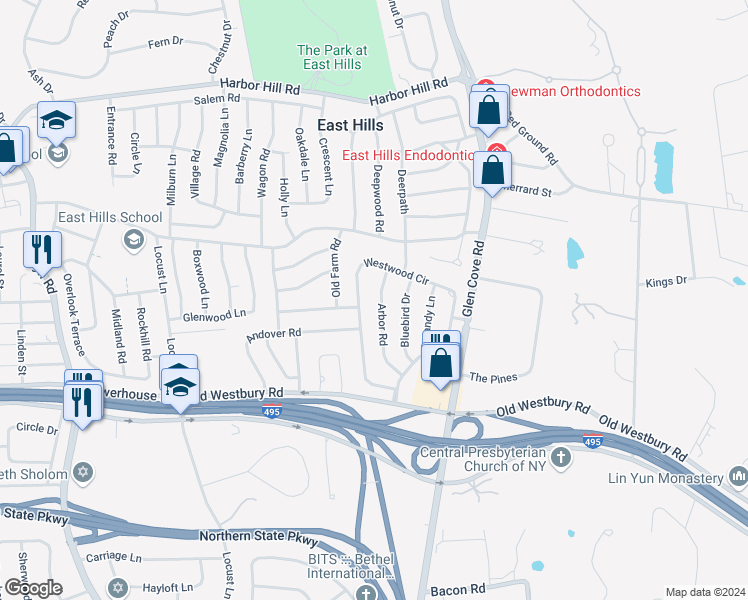 map of restaurants, bars, coffee shops, grocery stores, and more near 19 Arbor Road in Roslyn Heights