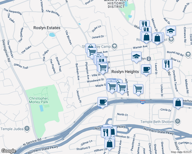map of restaurants, bars, coffee shops, grocery stores, and more near 29 Van Nostrand Avenue in Roslyn Heights