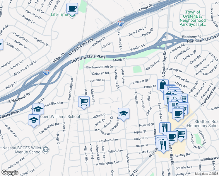 map of restaurants, bars, coffee shops, grocery stores, and more near 21 Leonard Road in Syosset
