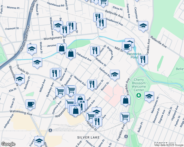 map of restaurants, bars, coffee shops, grocery stores, and more near 61 Watsessing Avenue in Belleville