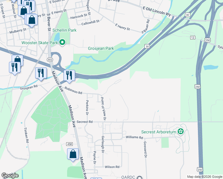 map of restaurants, bars, coffee shops, grocery stores, and more near 1127 Townsview Place in Wooster