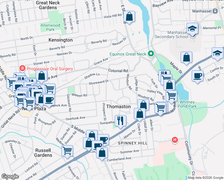 map of restaurants, bars, coffee shops, grocery stores, and more near 16 Crescent Road in Great Neck