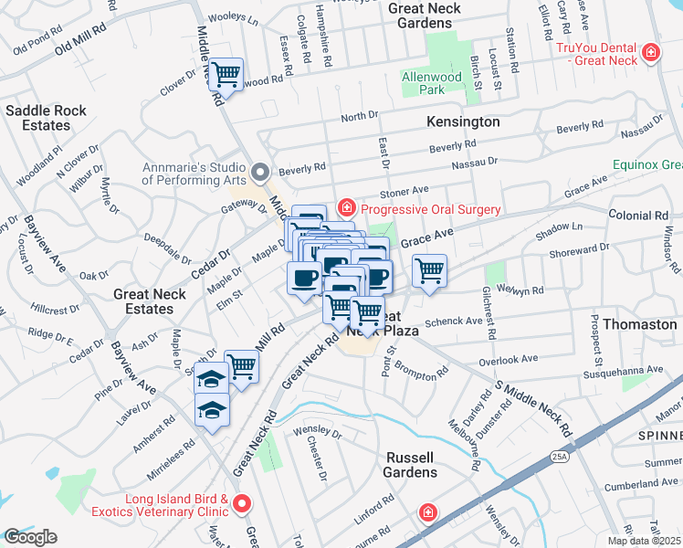 map of restaurants, bars, coffee shops, grocery stores, and more near 8 Bond Street in Great Neck Plaza